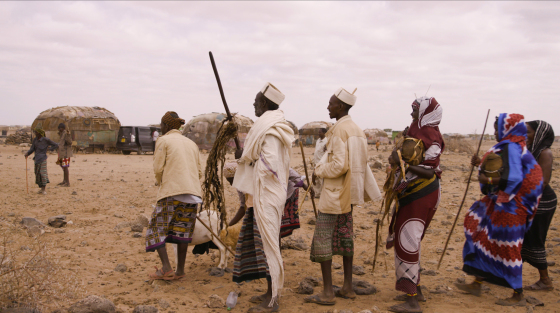 This frame grab from a video taken for TIME on 14 March 2020, shows men with the gifts on the day before the weddin. The groom's family presents gifts to the bride's father, including a dowry of three camels, a moila camel packed with gifts. There are also gifts to the brideâ€™s family that include milk, tobacco and coffee beans.