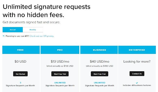 free trial example from hellosign that reads "unlimited signature requests with no hidden fees" and has four pricing tiers, one that's free and two that offer free trials