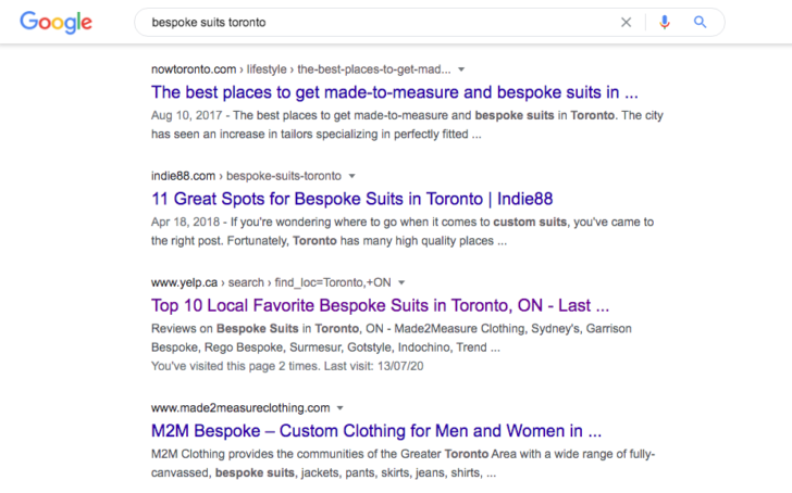 local SEO example - Bespoke suits Toronto